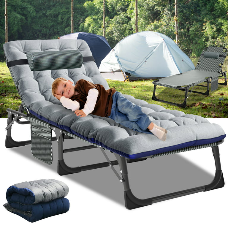 BOZTIY Folding Sleeping Cots Bed with Mattress and Pillow, Folding Camping Cot, Adjustable 4-Position Folding Lounge Chair, Gray
