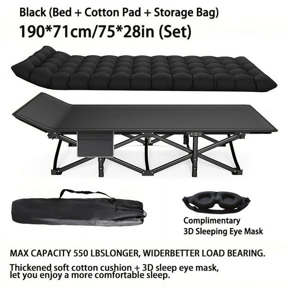 70/75 Inch Folding Camping Bed, Portable Oxford Fabric Cot, Heavy Duty Steel Frame, 550LBS Capacity, No Assembly Travel Bed for Outdoor, Camping, Office, Home, Beach