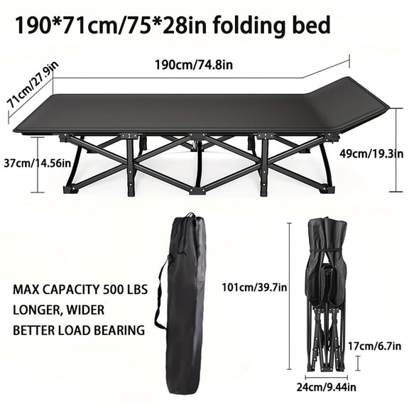 Portable Folding Camping Cot with Mattress - 70/75 Inch Heavy-Duty 500lb Capacity, Double-Layer Oxford Fabric & Sturdy Steel Frame, Includes Storage Bag for Camping, Home, Office, Beach, Travel