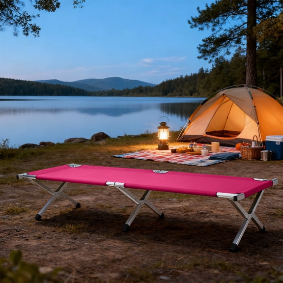 Portable Folding Camping Cot, Premium Aluminum Tube Oxford Fabric Cot, Lightweight Space Saving Cot with Carrying Bag, Pink Camping Cot for Outdoor Camping Activities