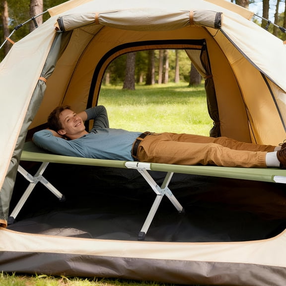 Portable Folding Camping Cot with Carry Bag, Army Green Heavy Duty Aluminum Frame Canvas Bed for Outdoor Camping