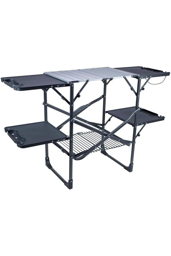 Portable Folding Camping Kitchen Station with Heat Resistant Tabletop, 4 Side Tables & Storage Rack