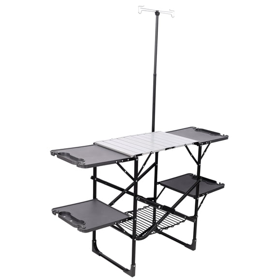 Portable Folding Camping Kitchen Table with Heat Resistant Aluminum Top, 4 Side Tables, Storage Rack & Lamp Post for Outdoor Cooking, Picnics, and Tailgating, Black