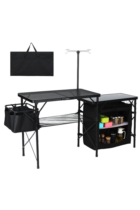 Portable Folding Camping Kitchen Table, Outdoor Cook Station with Storage Organizer, Light Pole, Side Bag & Hooks for BBQ, Picnic, Beach, Tailgating, RV Trips