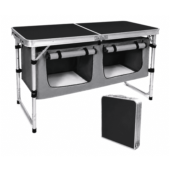 Portable Folding Camping Kitchen Table with Storage Organizer, Outdoor Cooking Station with Spacious Dual Storage Compartments, Fold-in-Case Design for Camping, BBQ, Picnic, RV Travel & Backyard