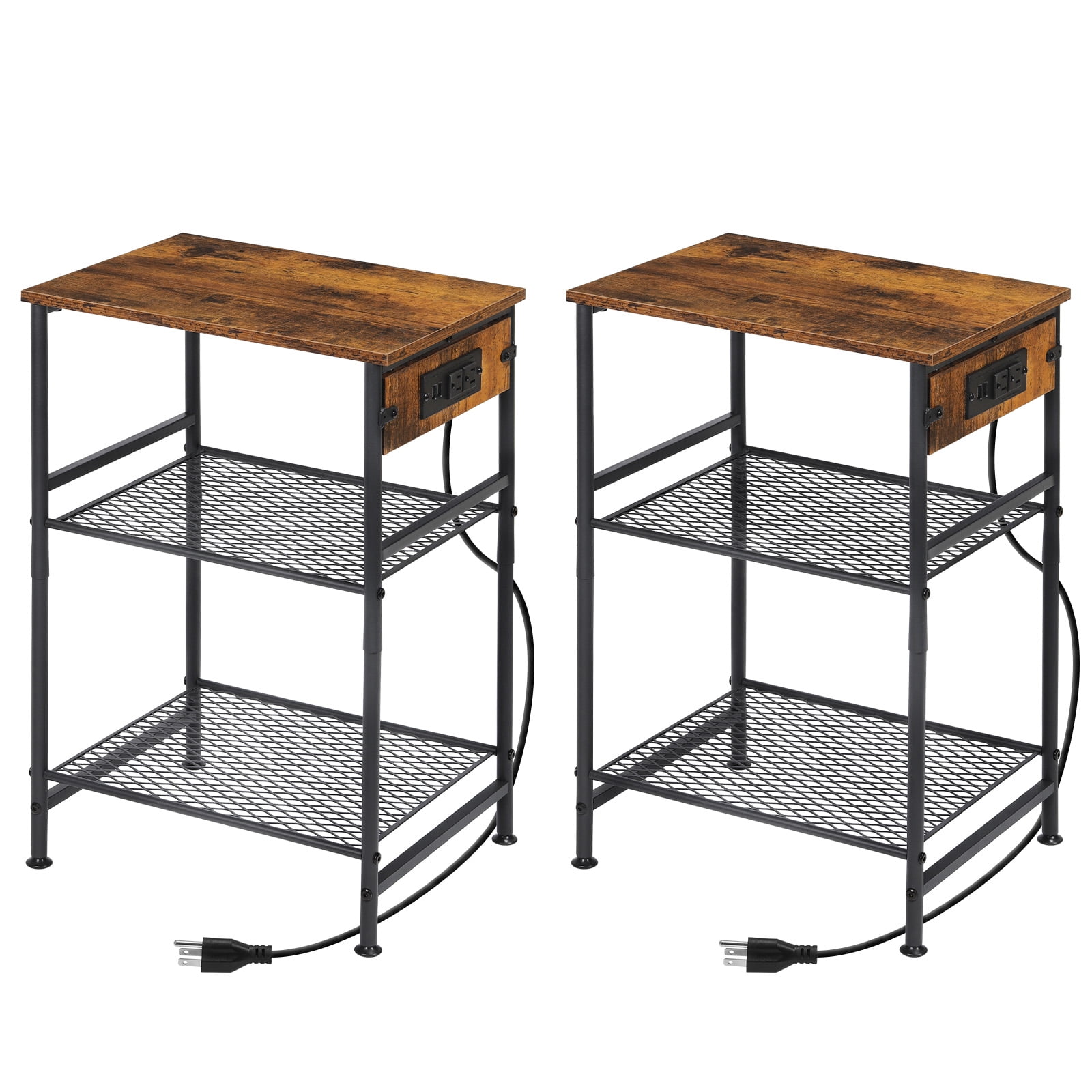 Set of 2 Rustic Brown 3-Tier End Tables with Charging Station, Industrial Nightstands with Mesh Shelves for Living Room Bedroom