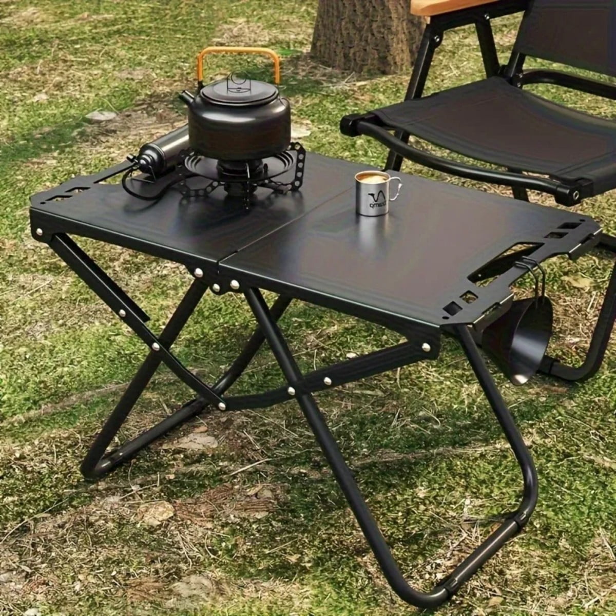 Portable Folding Camping Table, 150 LBS Heavy Duty Iron Picnic Table, Lightweight 6.6 LBS Outdoor Table with Side Hanging Hooks, Dark Gray