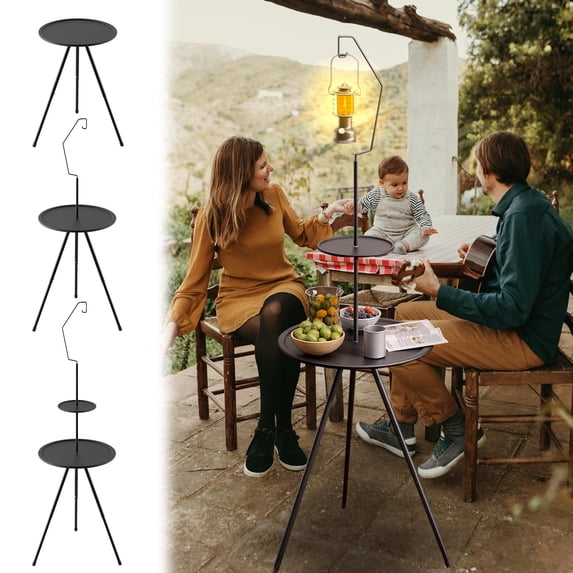 Portable Folding Camping Table with Adjustable Height and Light Hook - Lightweight 2-Tier Outdoor Picnic Table for Beach, Tailgating, and Backyard - Small Round Coffee Table with Storage Shelf