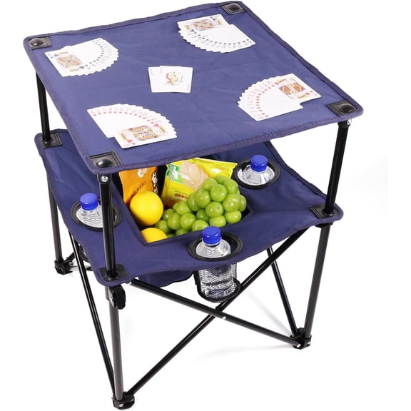 Portable Folding Camping Table with Cup Holders - Lightweight & Compact 2-Tier Outdoor Table with Storage, Ideal for Card , Snacks, Picnic, Tailgating & Camping (Navy Blue)