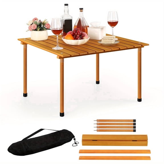 Folding Table Portable  Roll Up Wood-Grain Top with Carry Bag Weather Resistant Outdoor Side Table for Camping  Picnic, Beach, Patio, Garden