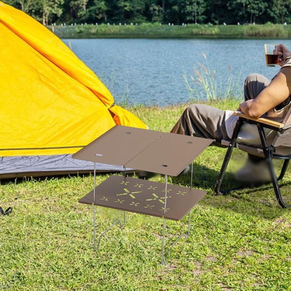 Portable Folding Camping Table, Small Metal Desk with Double Layer Storage for Outdoor Picnic BBQ