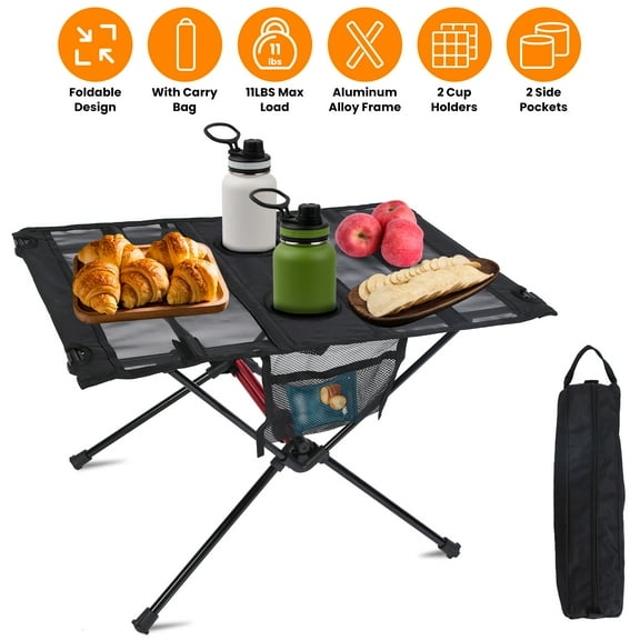 Portable Folding Camping Table w/ 2 Cup Holders 2 Side Pockets Carry Bag Aluminum Alloy Foldable Beach Table