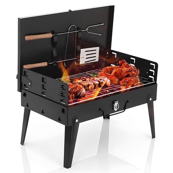 Portable Folding Charcoal BBQ Grill, Compact Cast Iron Grill for Wood/Charcoal/Pellet, Lightweight, No Assembly, Ideal for Camping, Picnics, Beach & Backyard Parties