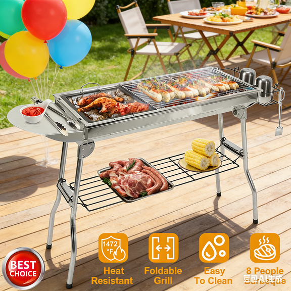 Portable Folding Charcoal BBQ Grill Stainless Steel Suitcase Style Outdoor Grill with Non Stick Fry Pan for Camping Picnic Beach Tailgate Party Backyard Garden Grilling 25.79 Inch Cooking Area