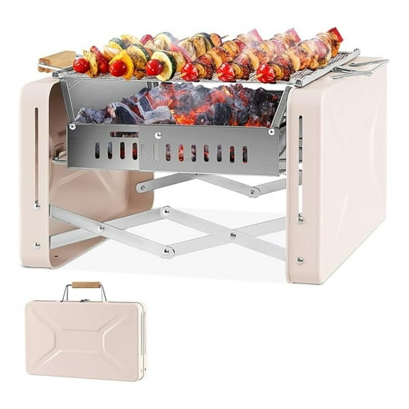 Portable Folding Charcoal Grill, Outdoor Mini BBQ Grill with 2 Stainless Steel Grill Nets, Charcoal Box & Insulated Rubber Wood Handle, Charcoal Grill for Camping, Travel & Picnic