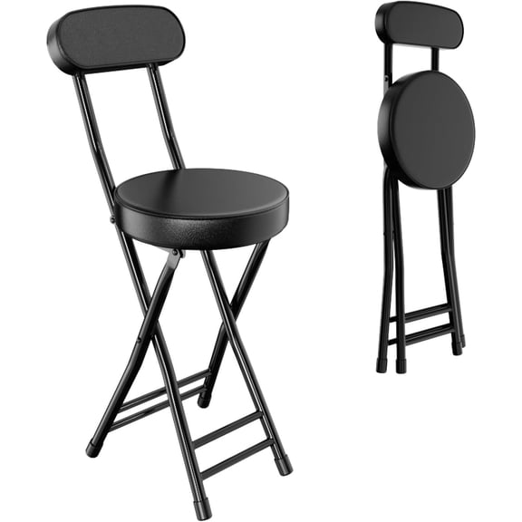 Portable Folding Counter Height Stool with Handle, Black, 23.6 Inch Seat Height, Steel Frame and Artificial Leather Seat