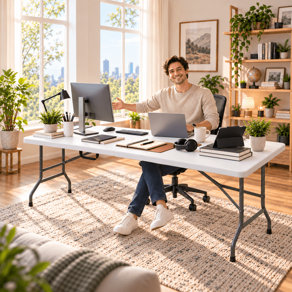 Portable Folding Desk with Secure Lock & Carrying Handle, Collapsible Indoor Workstation, Multipurpose Table for Home Office & Crafts