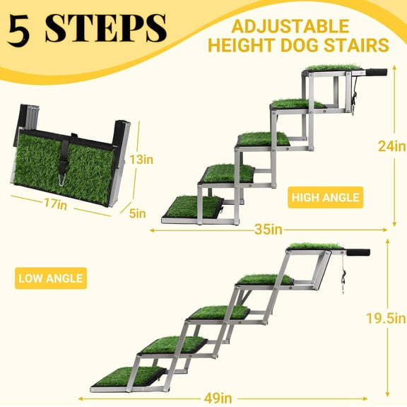 Portable Folding Dog Stairs for Car with Non-Slip Grass Rug, 5-Step Pet Ramp Supports to 200 lbs for SUV Truck