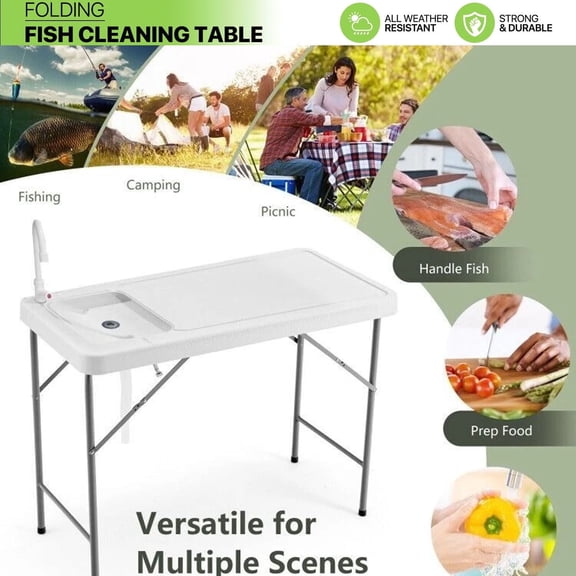 Portable Folding Table with 2 Sinks,Heavy Duty Fish Cleaning & Fillet Station,Hunting,Camping,Gardening, Outdoor Cutting Table