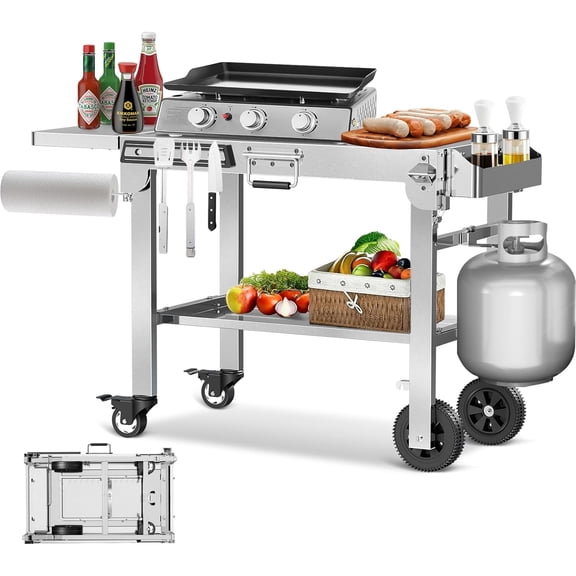 Portable Folding Grill & Prep Table with Wheels, Stainless Steel BBQ Stand for Camping, Tailgating & Outdoor Cooking, Rolling Dining Cart for Tabletop Grill, Griddle & Pizza Oven