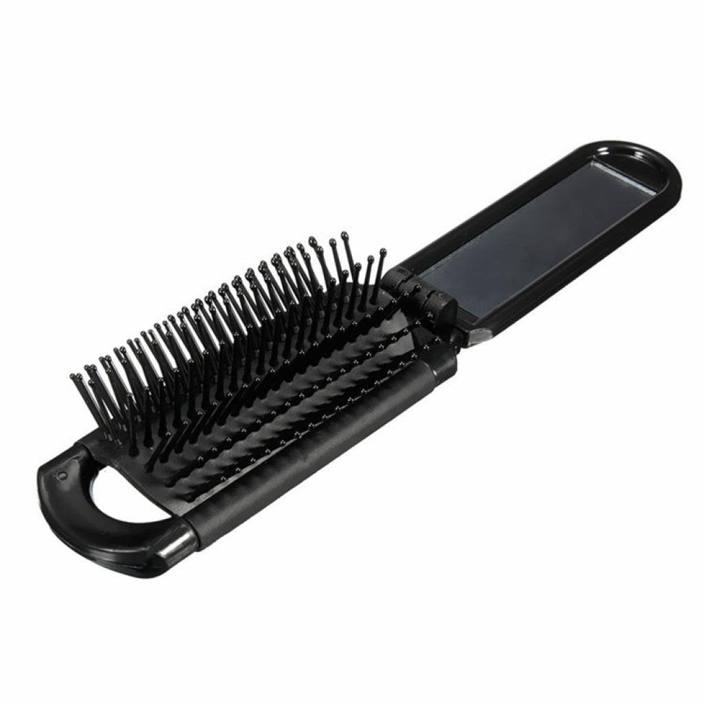 Portable Folding Hair Brush With Mirror Compact Travel Comb Black, New