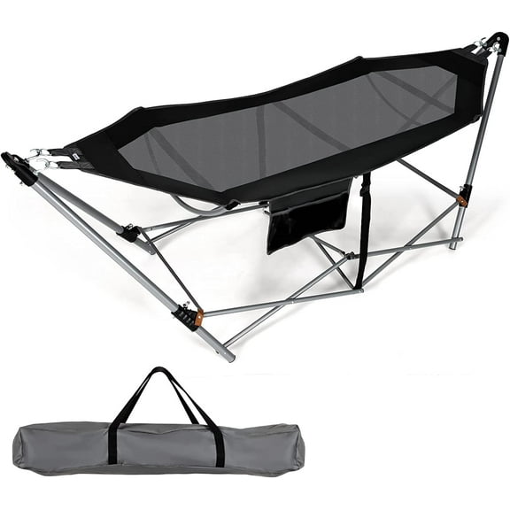 Portable Folding Hammock, Lounge Camping Bed with Hammock Stand, Indoor & Outdoor Hammocks w/Side Pocket, Anti-tip Buckles & Iron Stand for Camping Outdoor Patio Yard Beach (Black)
