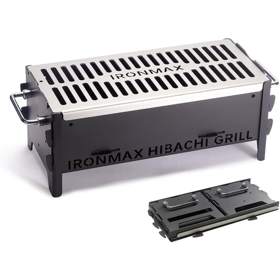 Portable Folding Hibachi Grill, Heavy Duty Charcoal & Wood-Burning Campfire Grill for Outdoor Cooking, Camping Yakitori, Patio Backyard - 16" x 7.5" 6.5"