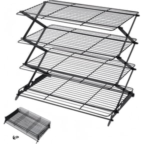 4-Tier Collapsible Cooling Rack, Stackable & Foldable Wire Cooling Racks for Baking, Cookies, Cakes, Bread, Oven Safe, Black Metal Cooling Stand for Outdoor Camping, Picnic, Kitchen Countertop, Dish