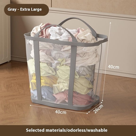 Portable Folding Nylon Mesh Laundry Basket Breathable Dirty Clothes Storage Bag Toy Organizer Large Capacity for Home Dorm Bathroom Use