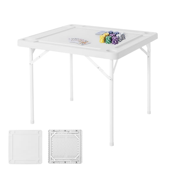 Portable Folding Mahjong Table for 4 Players – 35.4" Square HDPE Top, Metal Legs, 4 Cup Holders & Chip Trays – Ideal for Mahjong, Poker, Dominoes – White - Without Tablecloth