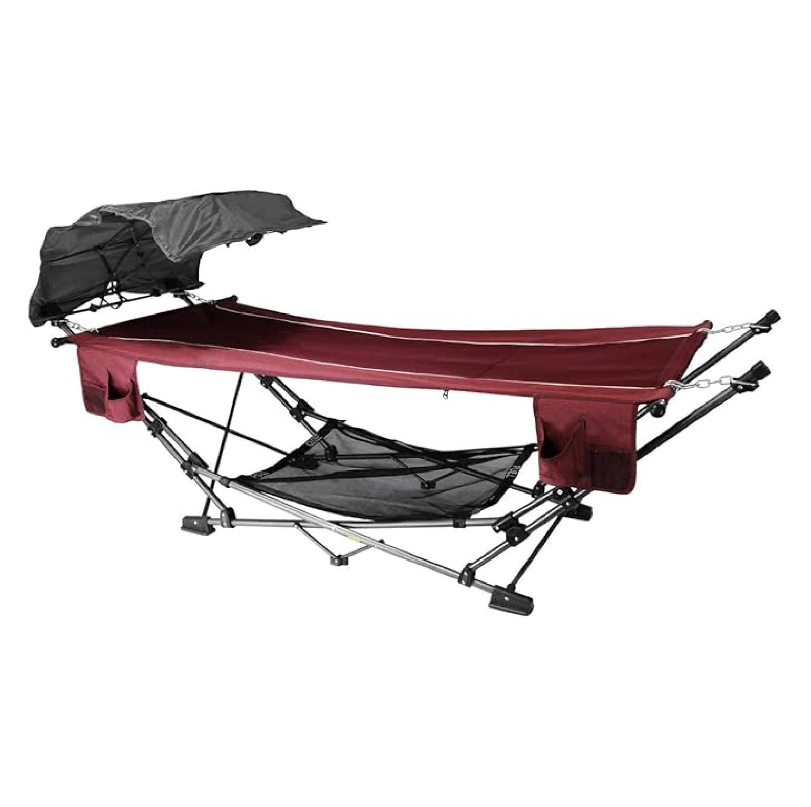 Portable Folding Metal Framed Hammock with Retractable Canopy and Side Pockets, Red