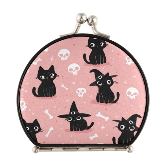 Portable Folding Mirror Compact Double Sided Travel Mirror Small Makeup Mirror Use Present for Women Black Cat Wearing A Witch Hat