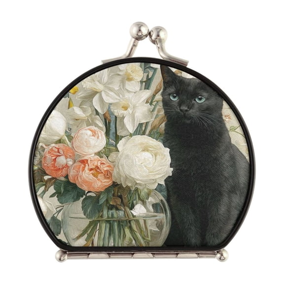 Portable Folding Mirror Compact Double Sided Travel Mirror Small Makeup Mirror Use Present for Women Black Cat and Glass Vase