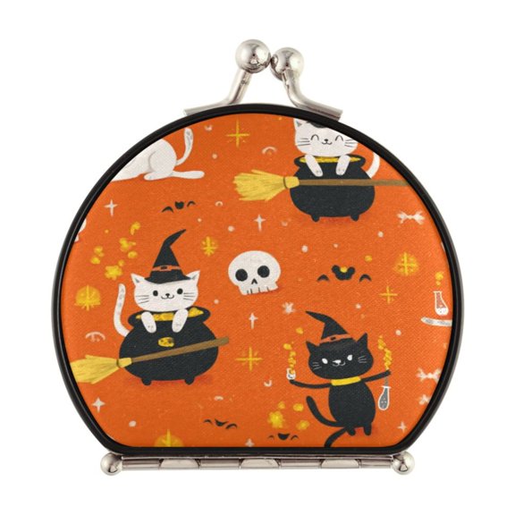 Portable Folding Mirror Compact Double Sided Travel Mirror Small Makeup Mirror Use Present for Women Cartoon Cats in Witches' Hats