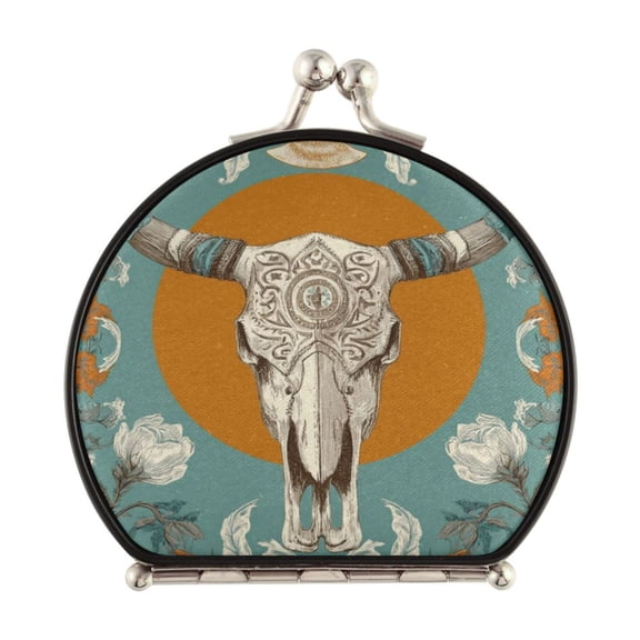 Portable Folding Mirror Compact Double Sided Travel Mirror Small Makeup Mirror Use Present for Women Cow Sakull and Moon Pattern