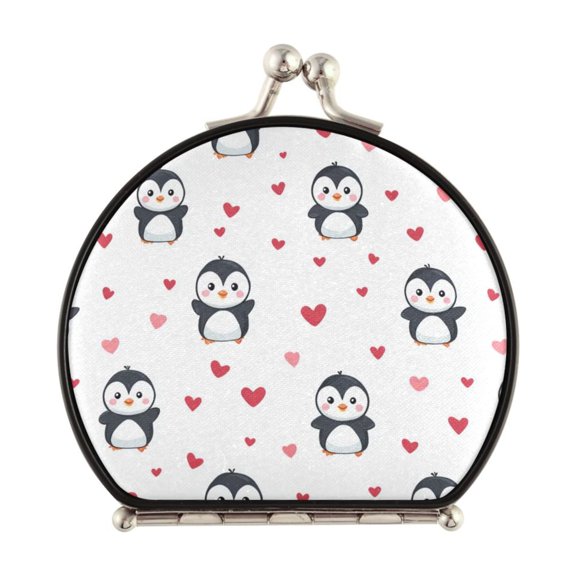 Portable Folding Mirror Compact Double Sided Travel Mirror Small Makeup Mirror Use Present for Women Cute Penguin and Hearts Pattern