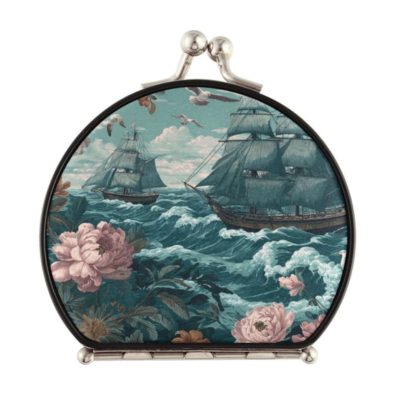 Portable Folding Mirror Compact Double Sided Travel Mirror Small Makeup Mirror Use Present for Women Elegant Nautical Scene