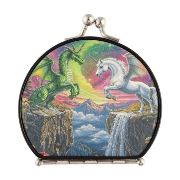 Portable Folding Mirror Compact Double Sided Travel Mirror Small Makeup Mirror Use Present for Women Green Dragon and White Unicorn