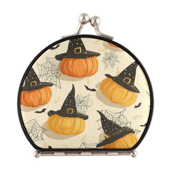 Portable Folding Mirror Compact Double Sided Travel Mirror Small Makeup Mirror Use Present for Women Halloween Pumpkins and Spider Webs