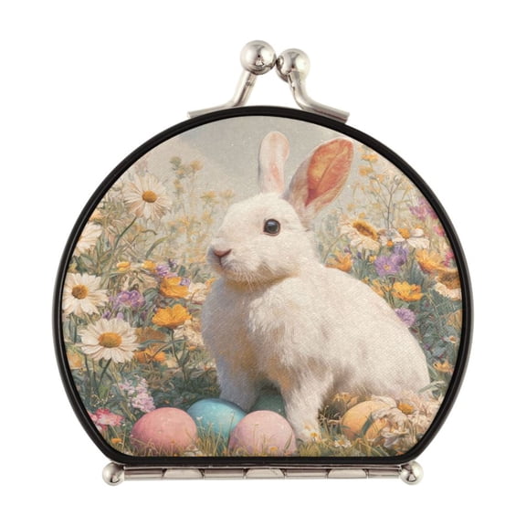 Portable Folding Mirror Compact Double Sided Travel Mirror Small Makeup Mirror Use Present for Women Rabbit with Flowers Pattern