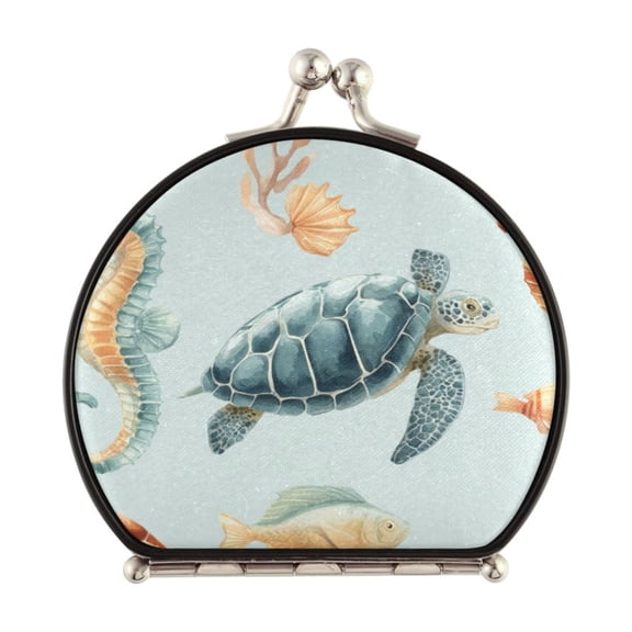 Portable Folding Mirror Compact Double Sided Travel Mirror Small Makeup Mirror Use Present for Women Turtles Seahorses and Fish Pattern