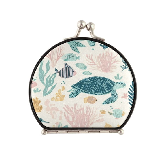 Portable Folding Mirror Compact Double Sided Travel Mirror Small Makeup Mirror Use Present for Women Turtles and Sea Plants Pattern