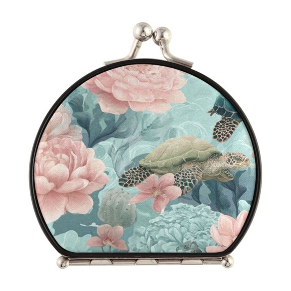Portable Folding Mirror Compact Double Sided Travel Mirror Small Makeup Mirror Use Present for Women Turtles with Pink Flowers