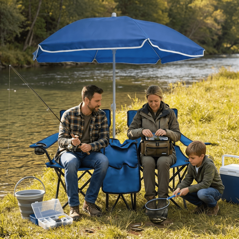 Portable Folding Picnic Chair Set with Umbrella,2-Person Outdoor Camping Chairs with Cup Holders & Cooler Bag, Adjustable Sun Canopy, Heavy Duty Beach Chairs for Patio, Backyard, Travel, Blue