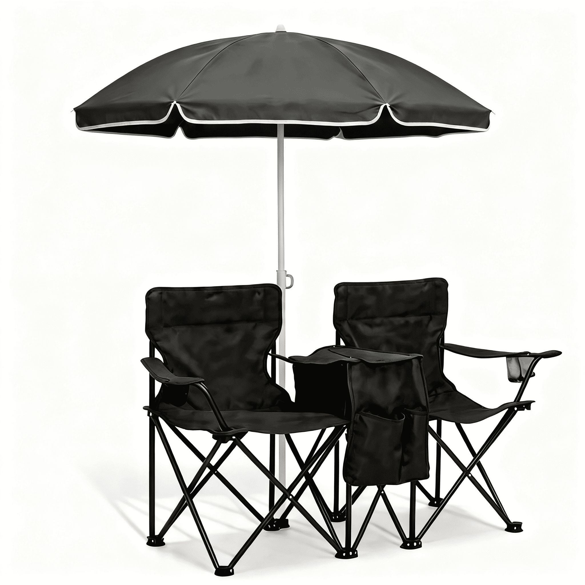 Portable Folding Picnic Chair Set with Umbrella, 2-Person Outdoor Camping Chairs Cup Holders, Foldable Beach Chair Set for Patio, Camping, Backyard, Black