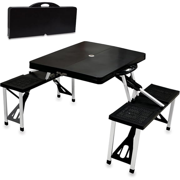 Portable Folding Picnic Table with Seats for 4, Collapsible Aluminum Table with Benches & Umbrella Hole, Lightweight Foldable Table for Camping, Travel, Backyard, Tailgating with Umbrella Hole