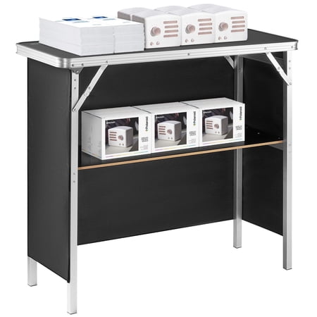Portable Folding Podium Table with Storage Shelf & Black Skirt – Perfect for Exhibitions, Parties, Picnics, Indoor & Outdoor Events, Includes Carrying Case, 38.39" x 15.16" x 34.25"