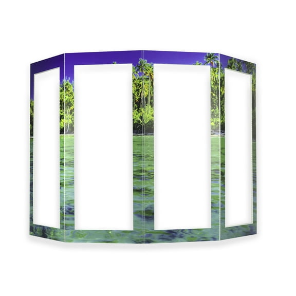 Portable Folding Rigid Honeycomb Corrugate Partition with 4 CLEAR panels - Tropical Print/White 48L" x 24W" x 58H" with four 18L" x 50H" PET CLEAR windows