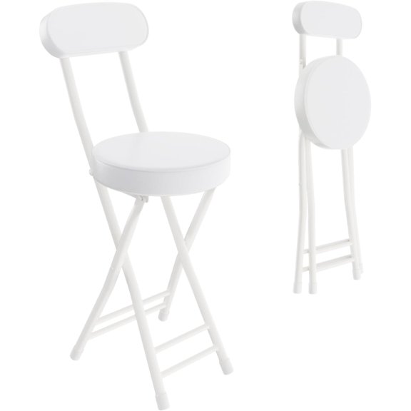 Portable Folding Round Stool with Handle, 23.6-Inch Counter Height, White, Steel Frame, Artificial Leather Seat