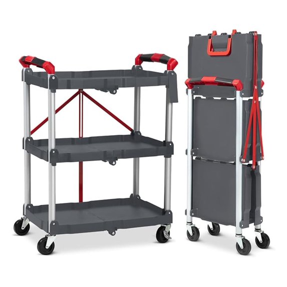 Portable Folding Service Cart, 3 Tier 167lbs Foldable Utility Service Cart, Plastic Rolling Cart with 360° Swivel and Lockable Wheels, Portable Garage for Garage,Workshop & Industrial Use, Grey